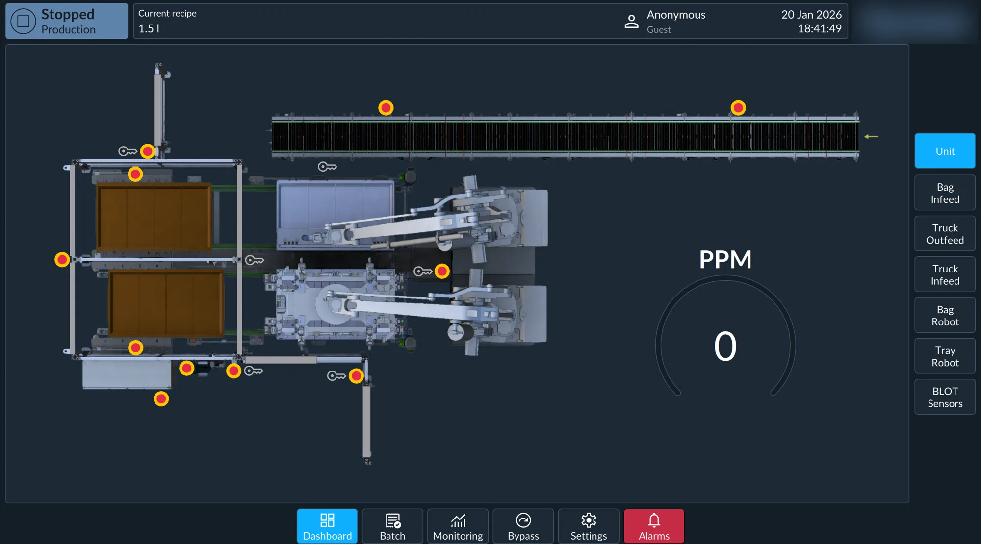 HMI overview screen showing a top-down 3D render of a tray loading machine with station status indicators, a throughput gauge and navigation buttons