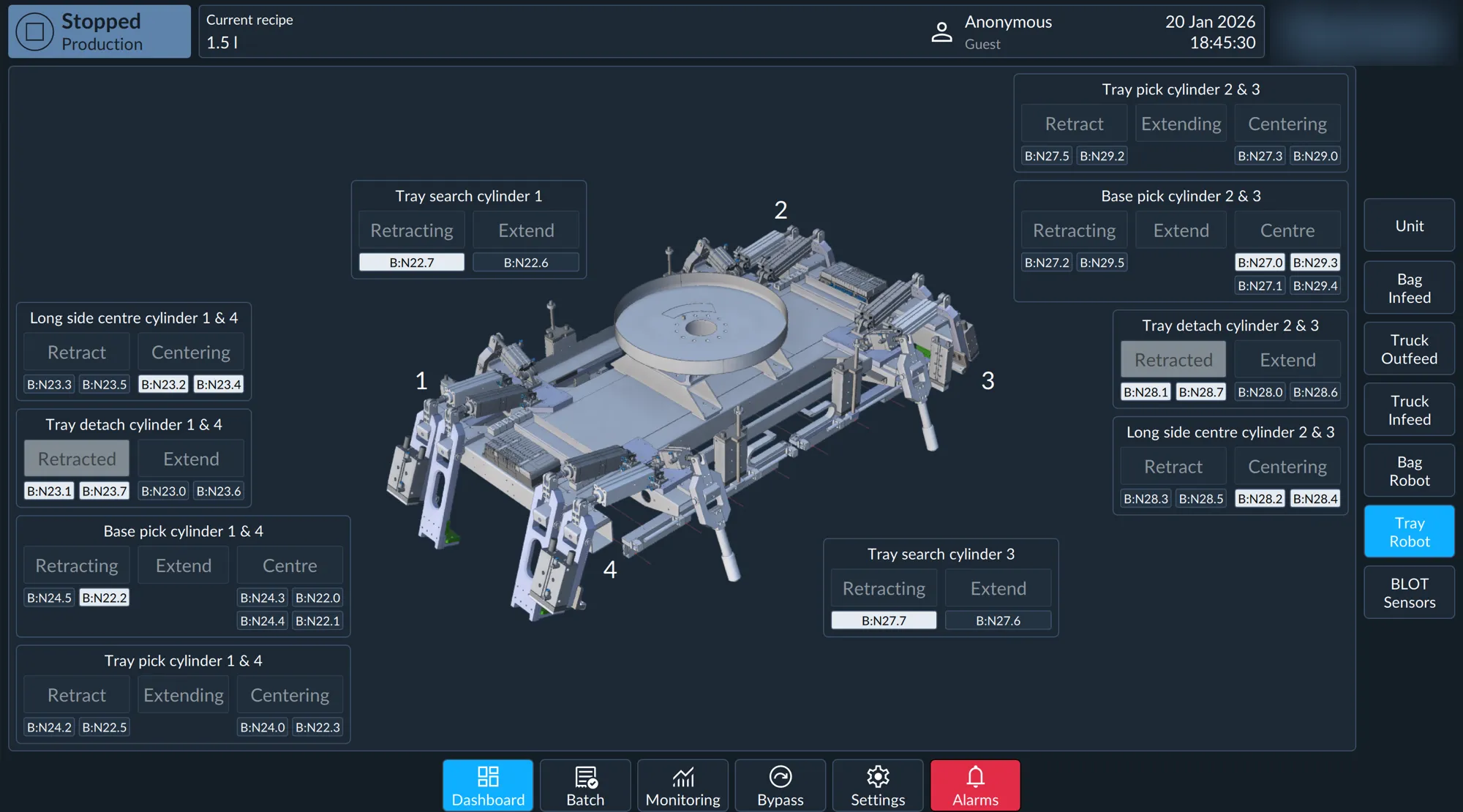 HMI unit screen showing a 3D render of a tray robot with panels for each cylinder, its state and the PLC I/O addresses